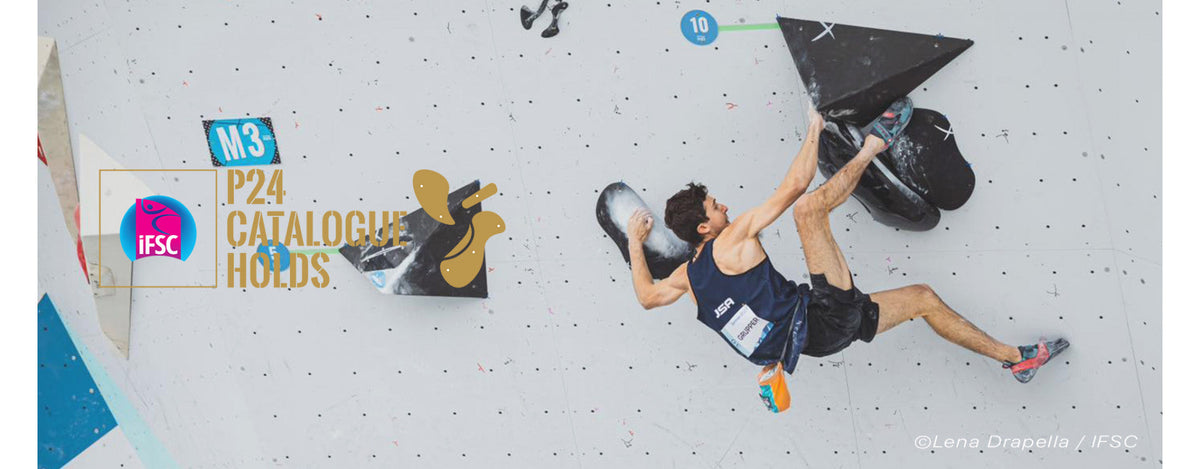 Deux marques de prises distribuées par Holds.fr sur le mur des Jeux Olympiques de Paris 2024