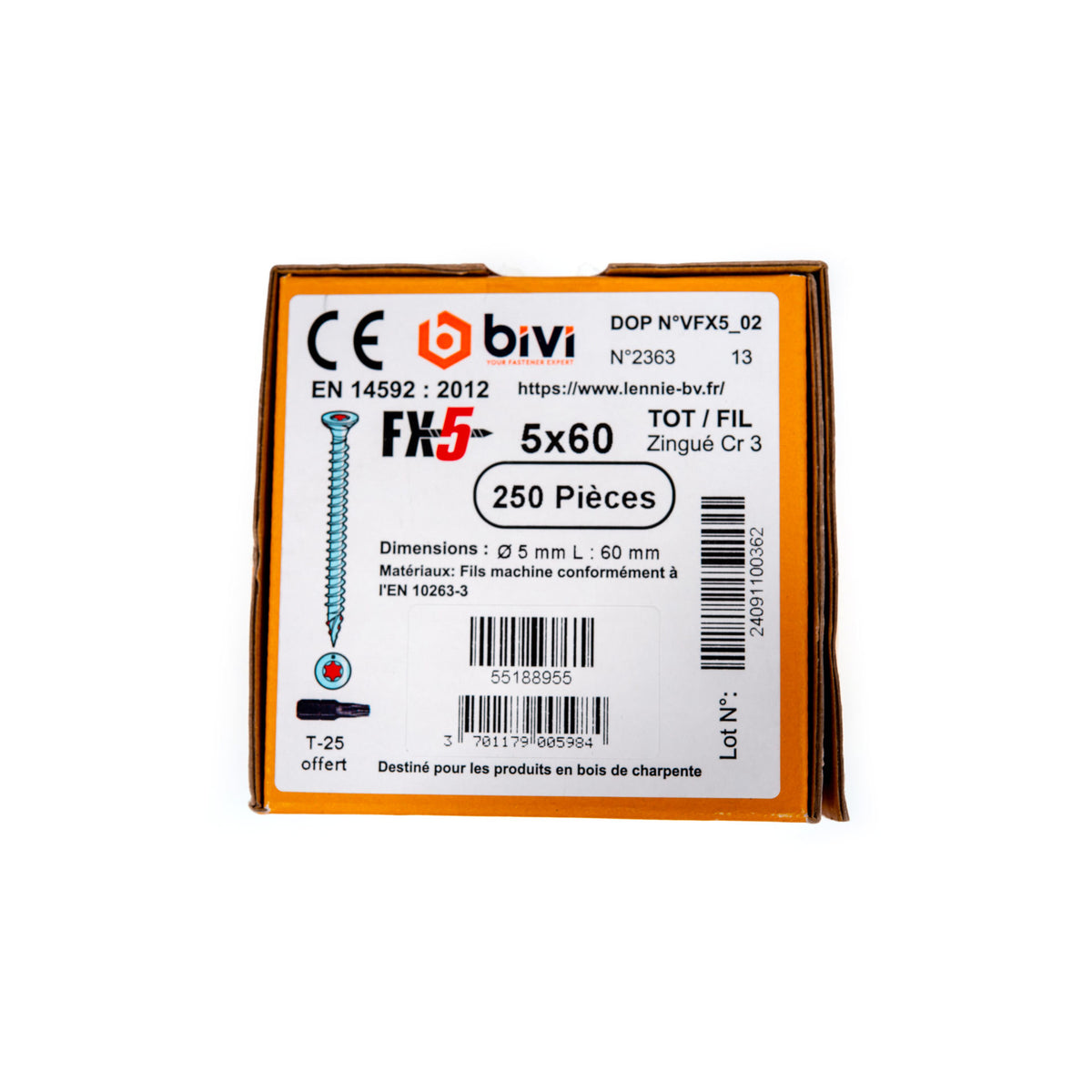 VBA T25 - 5 x 60 mm - Autoforeuses - Filetage total - Boîte de 250